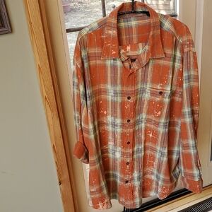 Bleached Distressed Plaid Flannel Hippie Troll‎ "Peace" Mushrooms Sz XXL Shirt